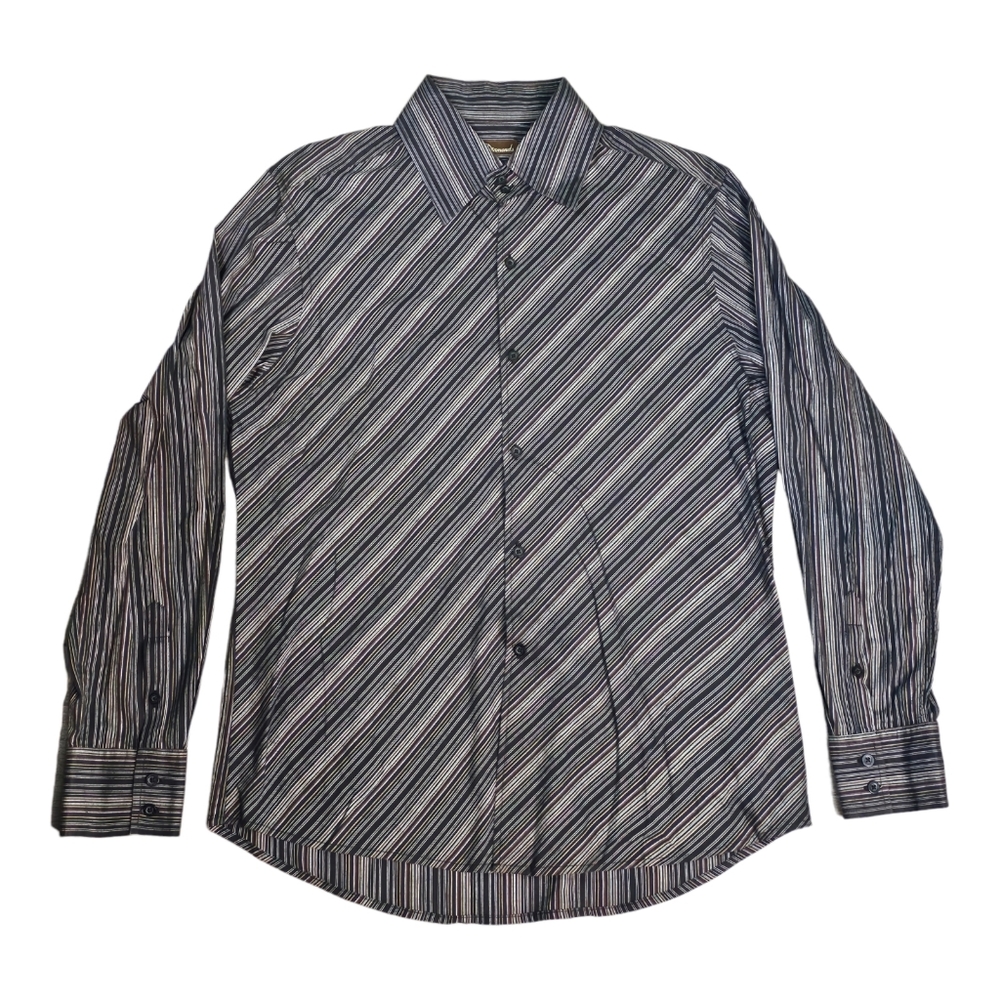 7 DIAMONDS Mens Shirt Size Large Striped Black Brown Button‎ Down Long Sleeve